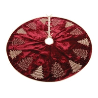Red Christmas tree skirt with silver tree patterns on a white background