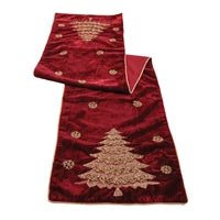 Red fabric with gold embroidered Christmas tree design on a white background