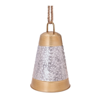 Decorative hanging bell with gold top and speckled gray body on a white background