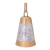 Decorative hanging bell with gold top and speckled gray body on a white background