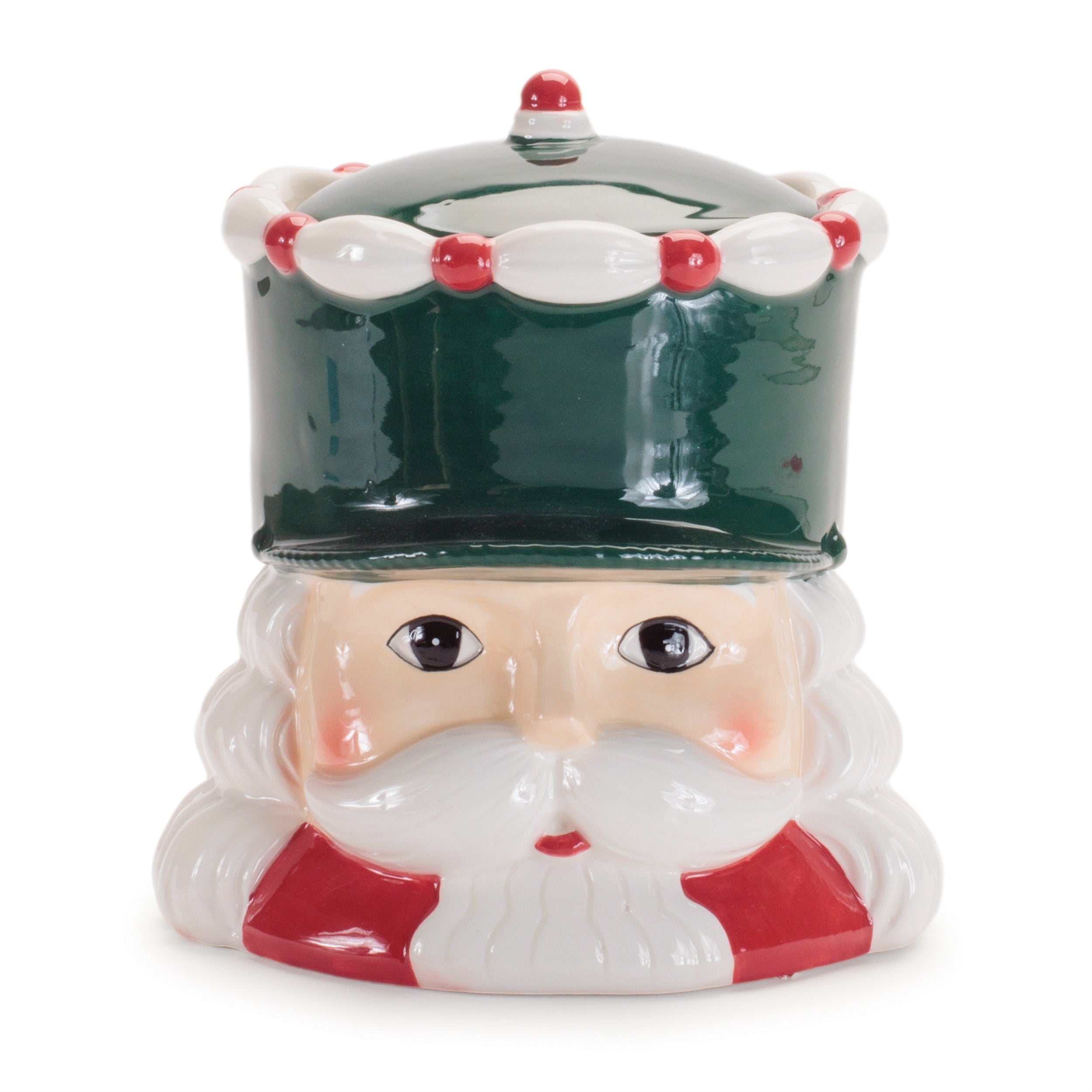 Cookie jar shaped like a Santa Claus face with a green hat on a white background