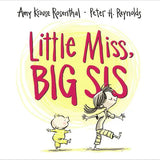 Book cover of 'Little Miss, Big Sis' with illustrations of a girl and a baby.