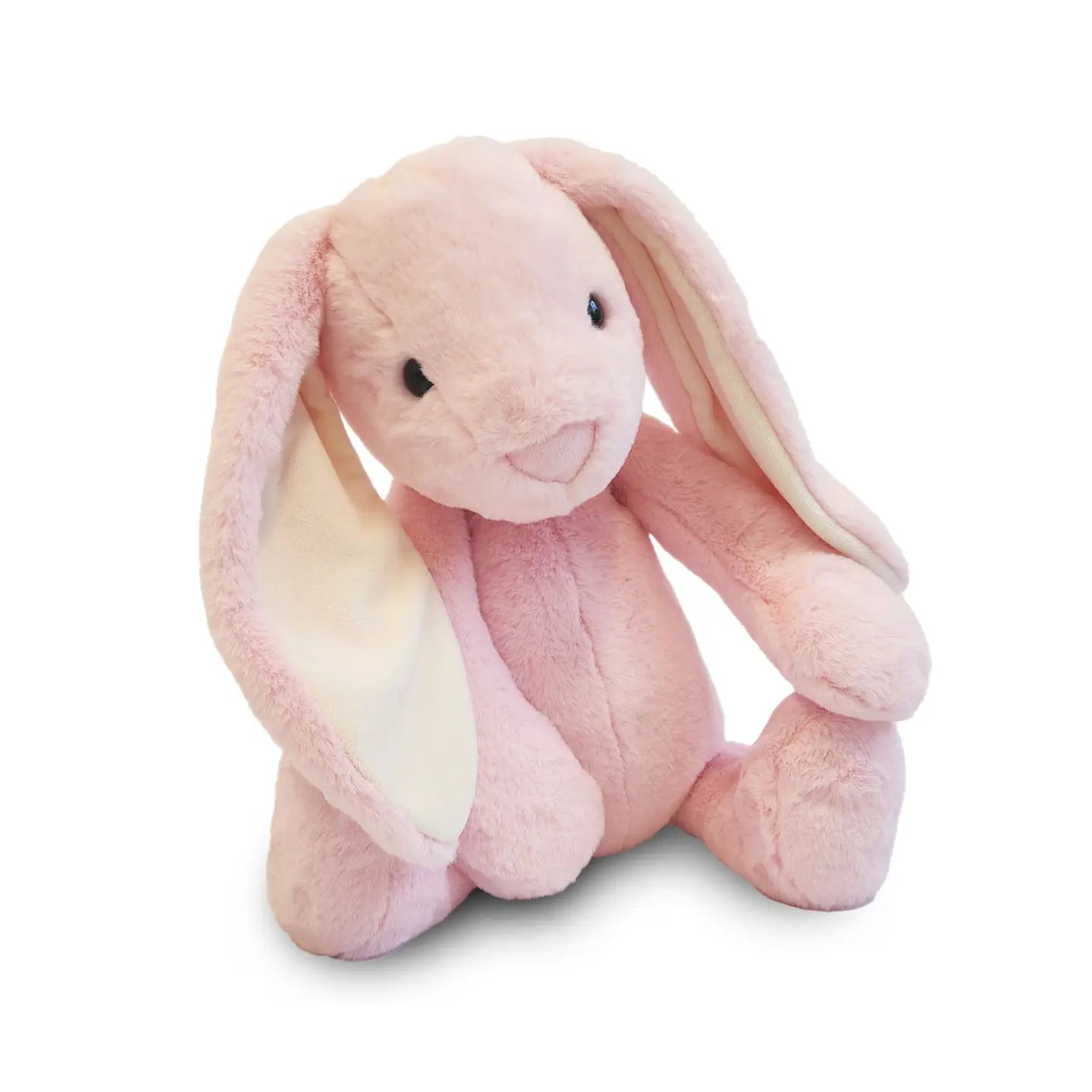 Pink plush bunny toy on a white background