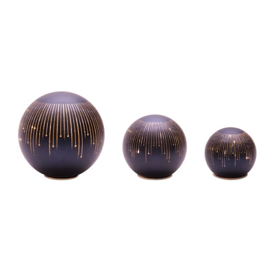 Three decorative spherical vases with gold accents on a white background