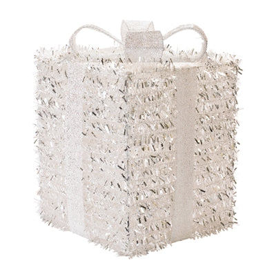 Decorative white box with textured surface and ribbon on a white background