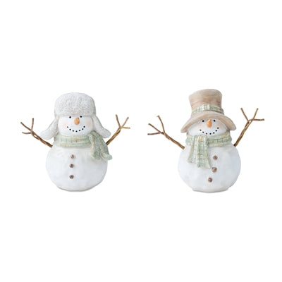 Two snowman figurines with hats and scarves on a white background