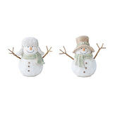 Two snowman figurines with hats and scarves on a white background