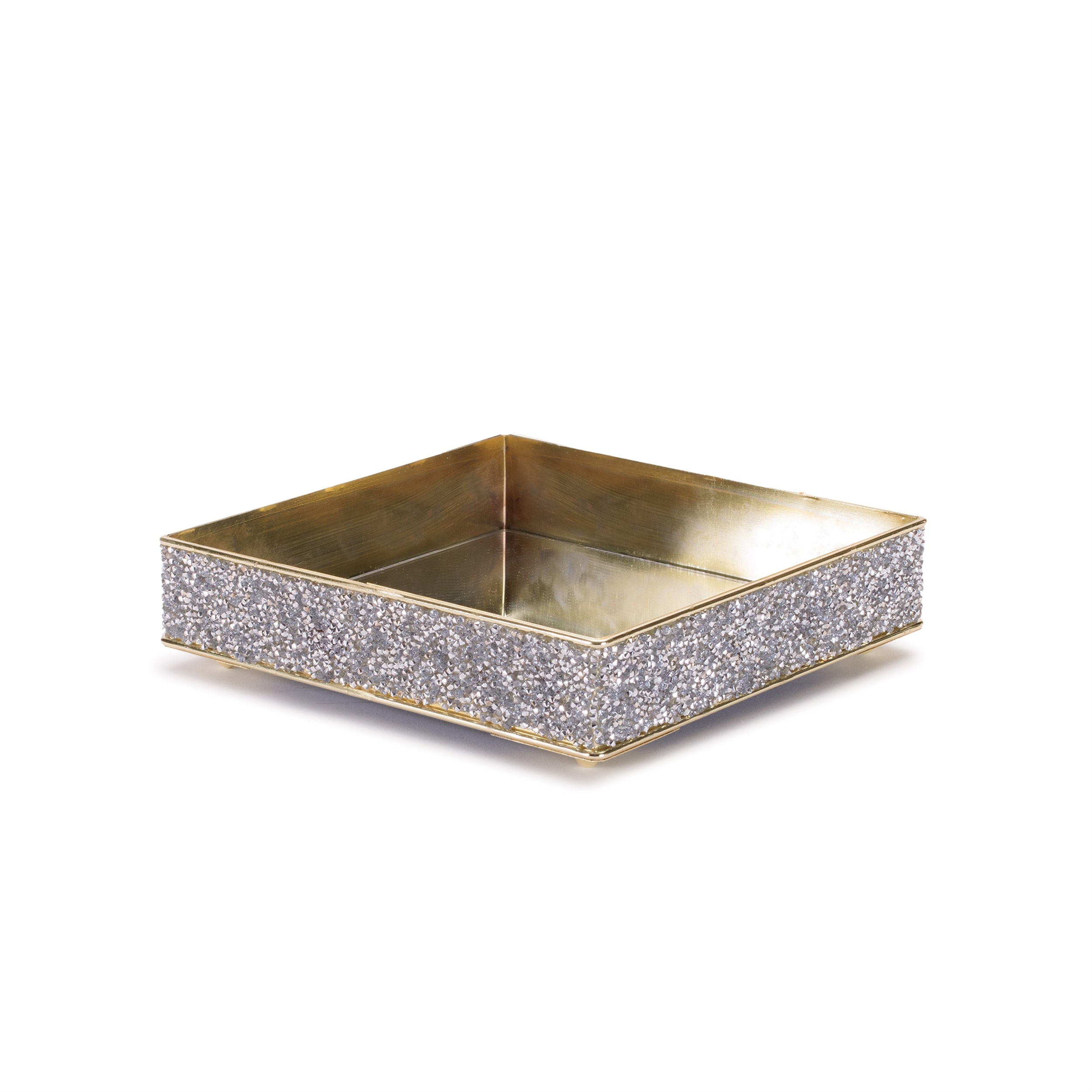 Square decorative tray with glittery silver base and gold rim on a white background