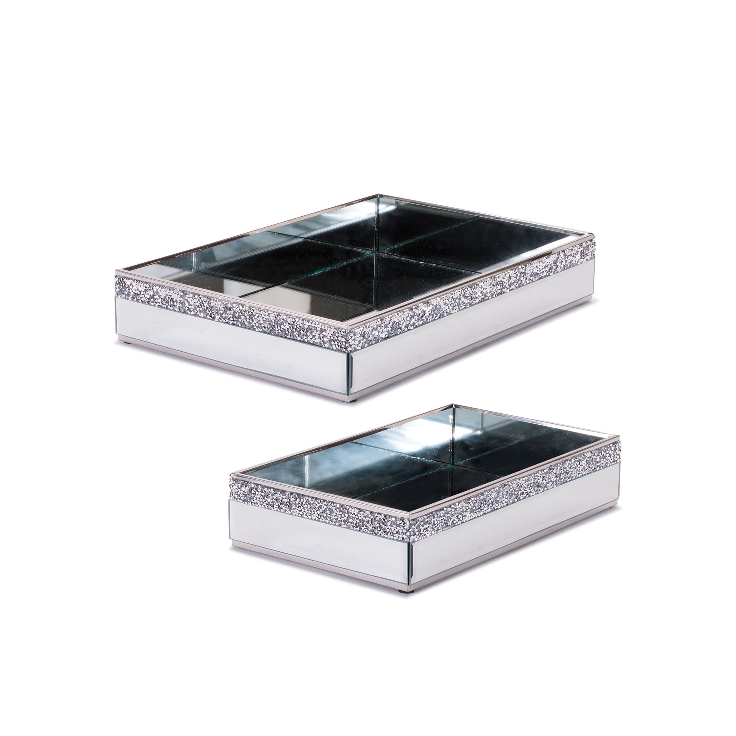 Two decorative boxes with mirrored surfaces and sparkling embellishments on a white background