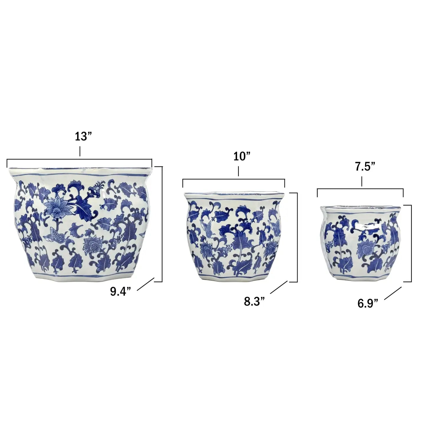 Three blue and white ceramic planters with dimensions indicated on a white background