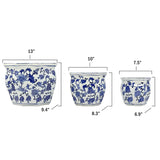 Three blue and white ceramic planters with dimensions indicated on a white background