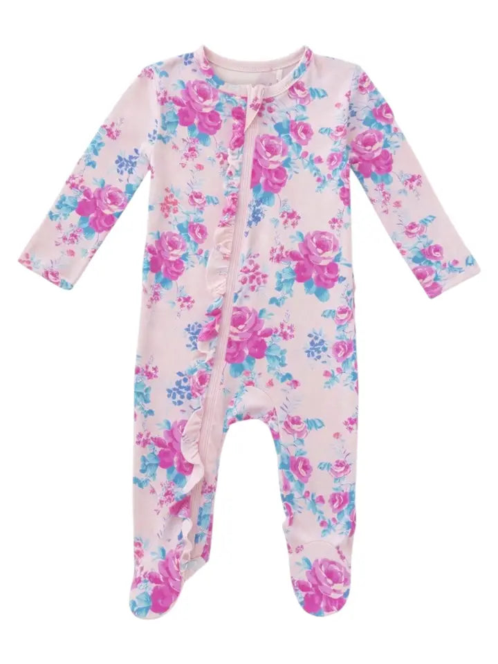 Floral patterned baby onesie on a white background