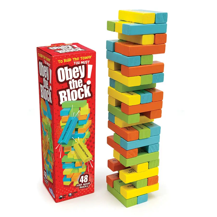 Colorful tower building blocks with 'Obey the Block' game box on a white background