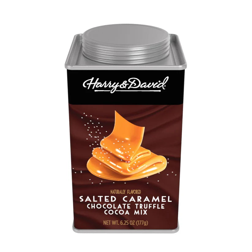 Canister of Harry & David Salted Caramel Chocolate Truffle Cocoa Mix on a white background