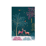 A vertical rectangular art print or textile panel featuring a whimsical forest scene with two deer, birds, stars, and colorful foliage on a dark teal background, shown against a plain white backdrop.