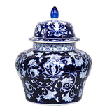 Ceramic jar with blue and white floral patterns on a white background