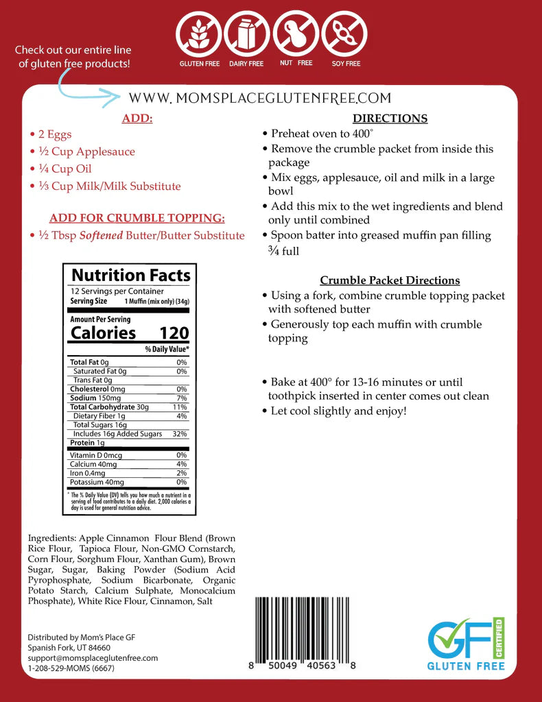 Back of a gluten-free muffin package with nutritional information, ingredients, and directions.
