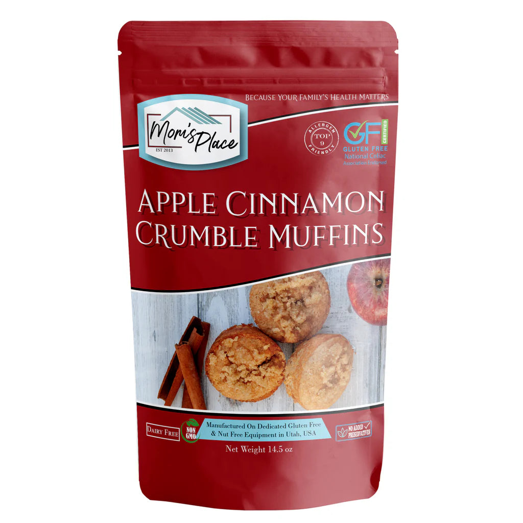 Red package of Apple Cinnamon Crumble Muffins from Mori's Place on a white background