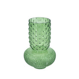 A light green textured glass vase with a flared, ribbed neck and a rounded, diamond-patterned base, shown on a plain white background.