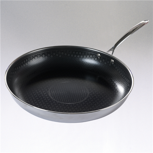 Black frying pan with a textured surface on a gray background