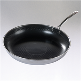 Black frying pan with a textured surface on a gray background