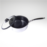 Black cookware set with glass lid on a white background