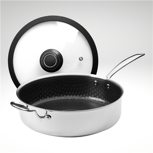 Stainless steel frying pan with lid on a white background