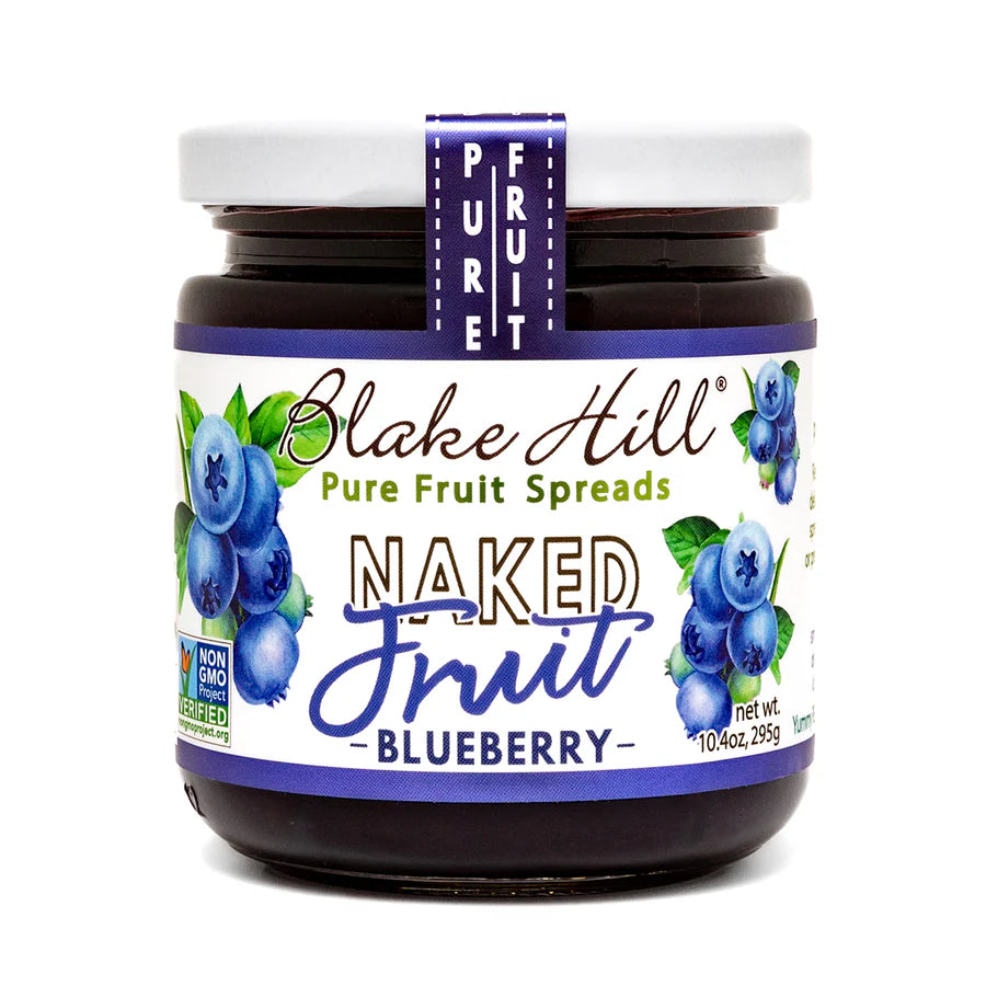 Jar of Blake Hill Naked Fruit Blueberry spread on a white background