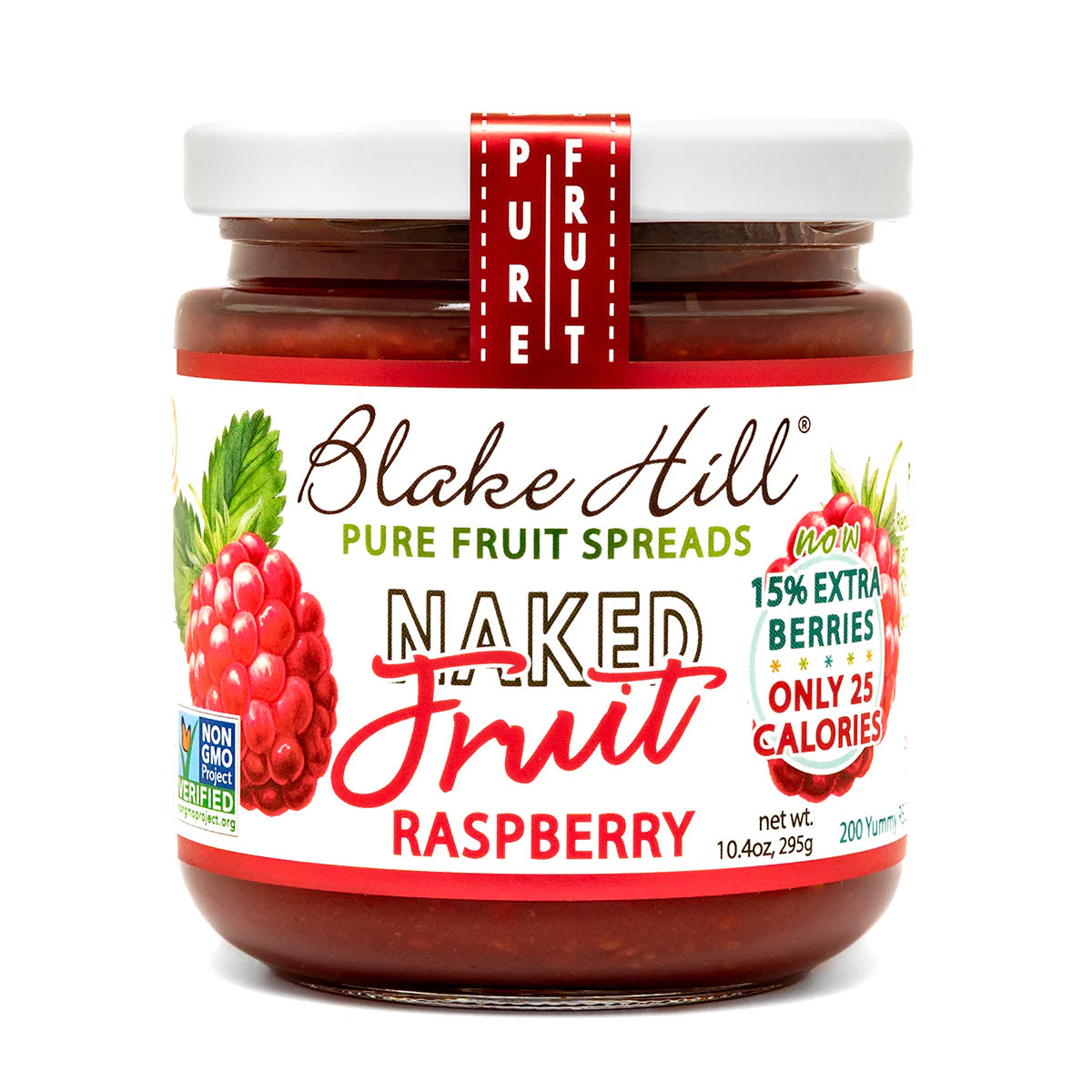 A jar of Blake Hill Naked Fruit Raspberry on a white background. 