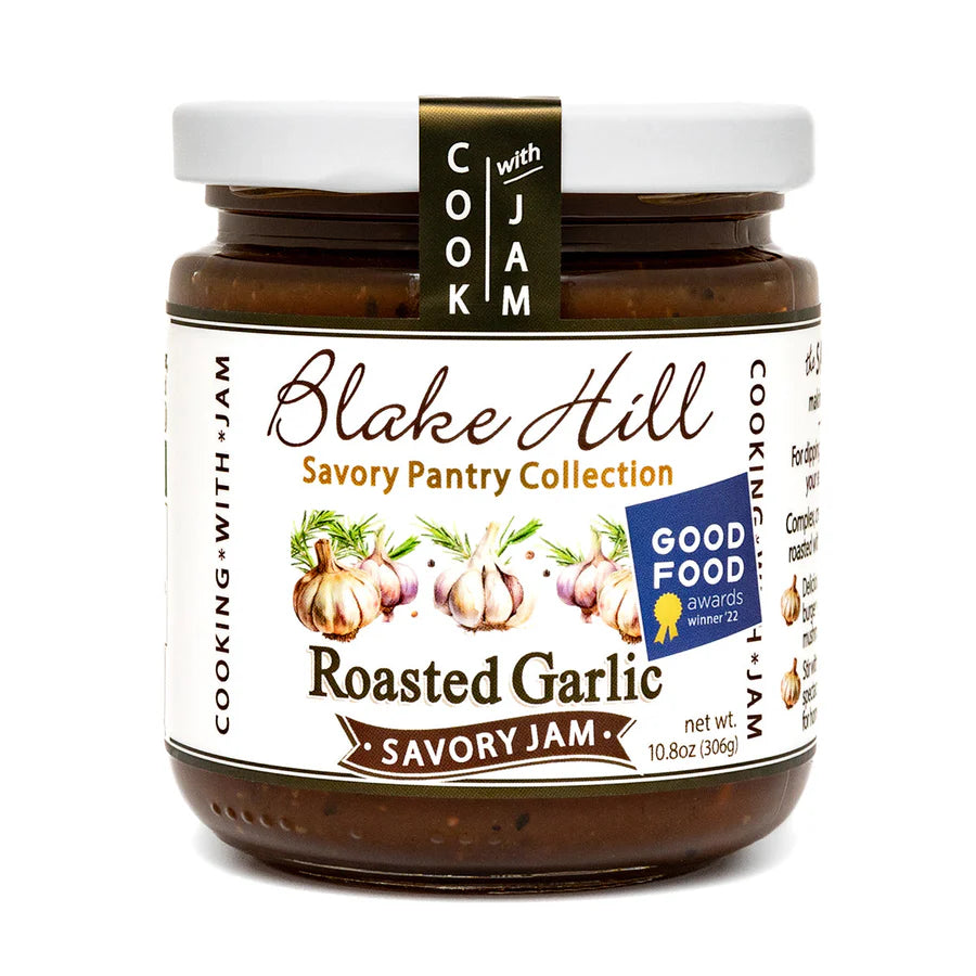Jar of Blake Hill Roasted Garlic Savory Jam with a Good Food award badge on a white background