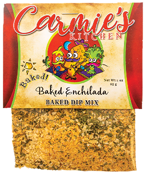 Carmie's Kitchen Baked Enchilada Baked Dip Mix packaging with colorful characters on a red and yellow background.