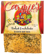 Carmie's Kitchen Baked Enchilada Baked Dip Mix packaging with colorful characters on a red and yellow background.