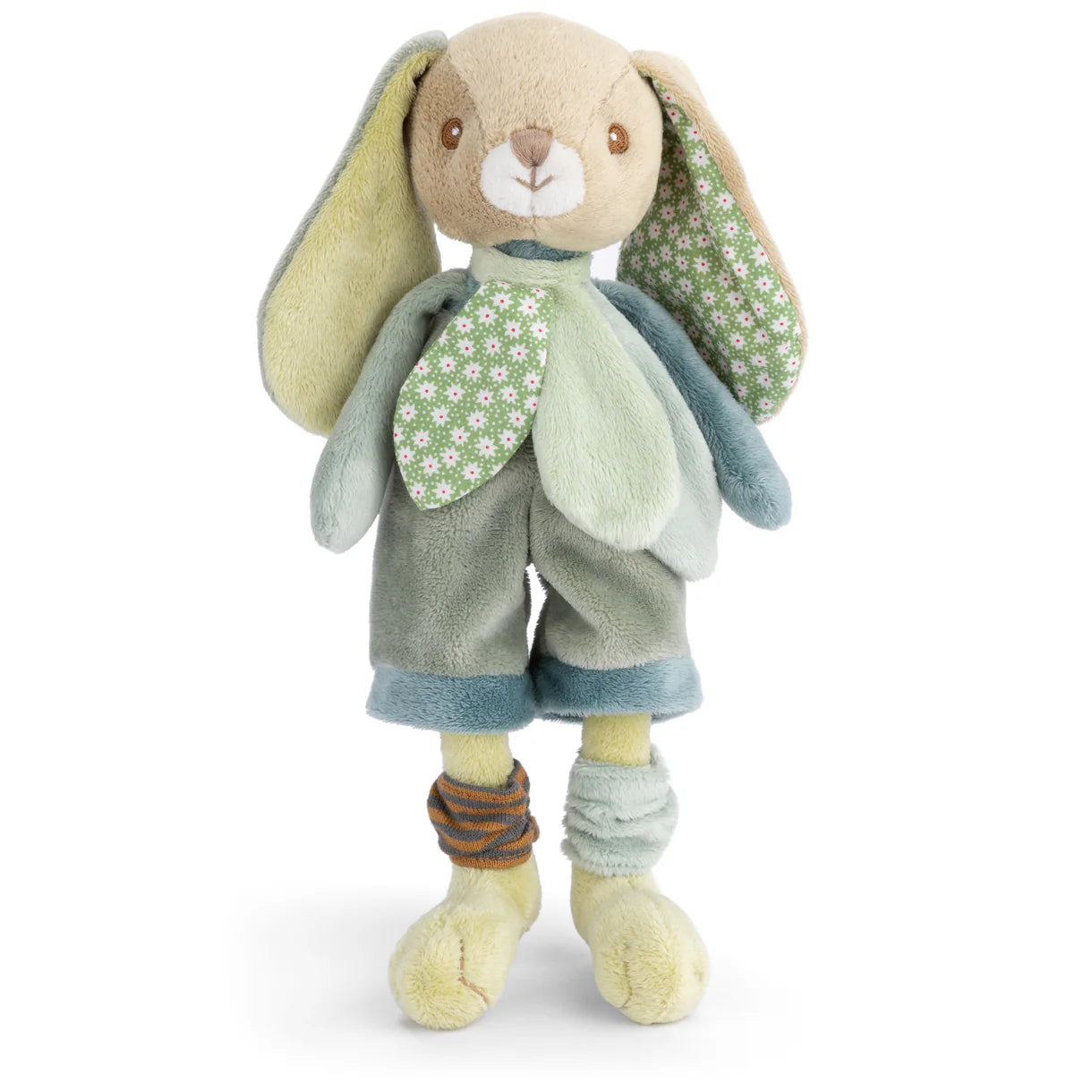 Stuffed toy rabbit with floral wings on a white background