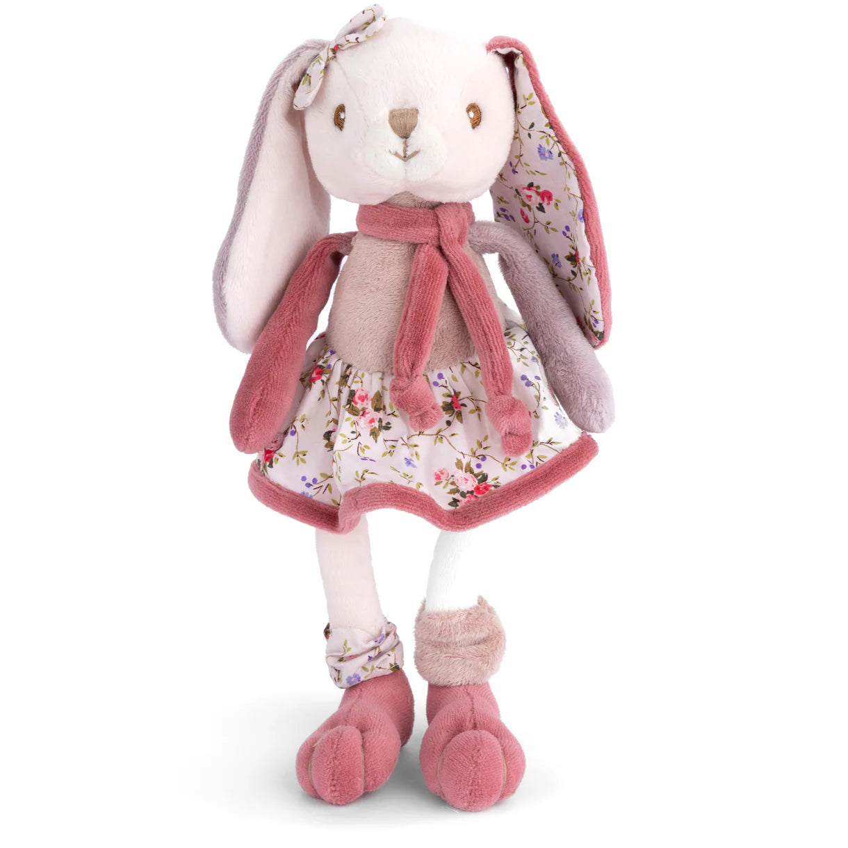 Plush rabbit toy with a floral dress on a white background