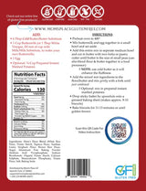 Back of a food package with nutritional information, ingredients list, and QR code on a red background.