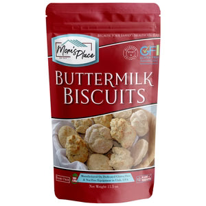 Packaging of Mom's Place Buttermilk Biscuits on a white background