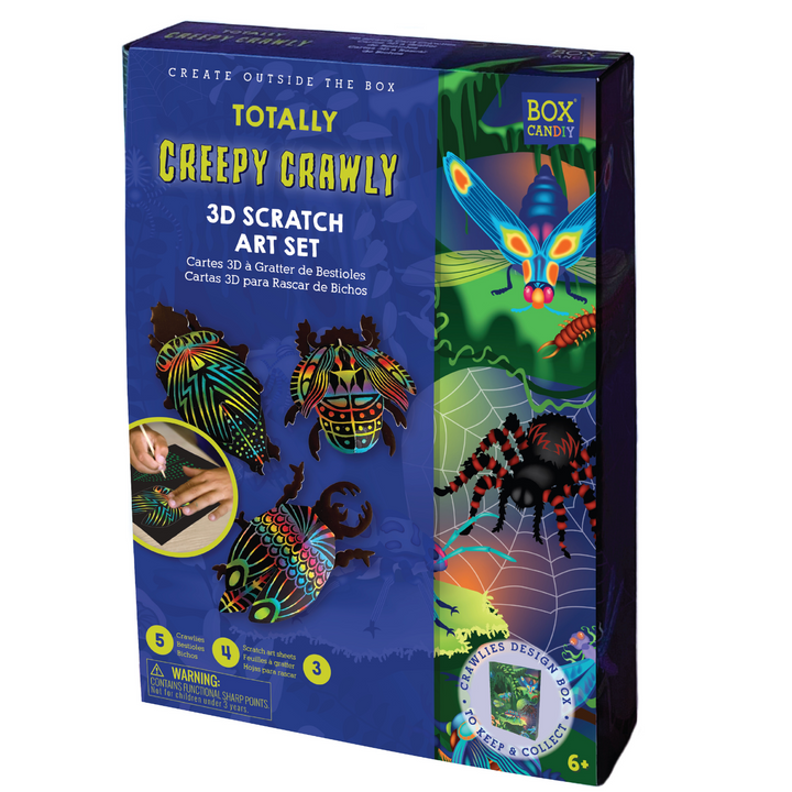A product packaging for CREEPY CRAWLY SCRATCH ART, showing various colorful Scratch Art images of bugs and spiders, labeled as 3D scratch art cards.