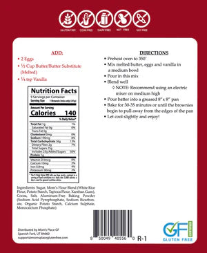 Back of a food package with nutrition facts, ingredients list, and GFI logo on a red background.