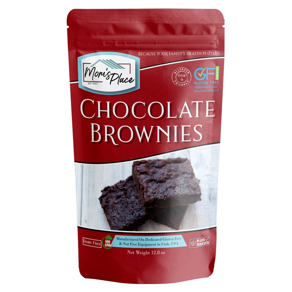 Packaging of Mom's Place Chocolate Brownies on a white background