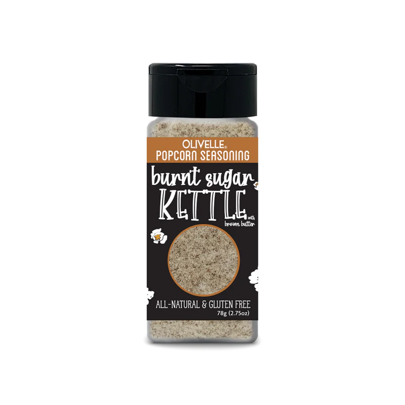 Olivelle Popcorn Seasoning bottle labeled 'burnt sugar kettle' on a white background