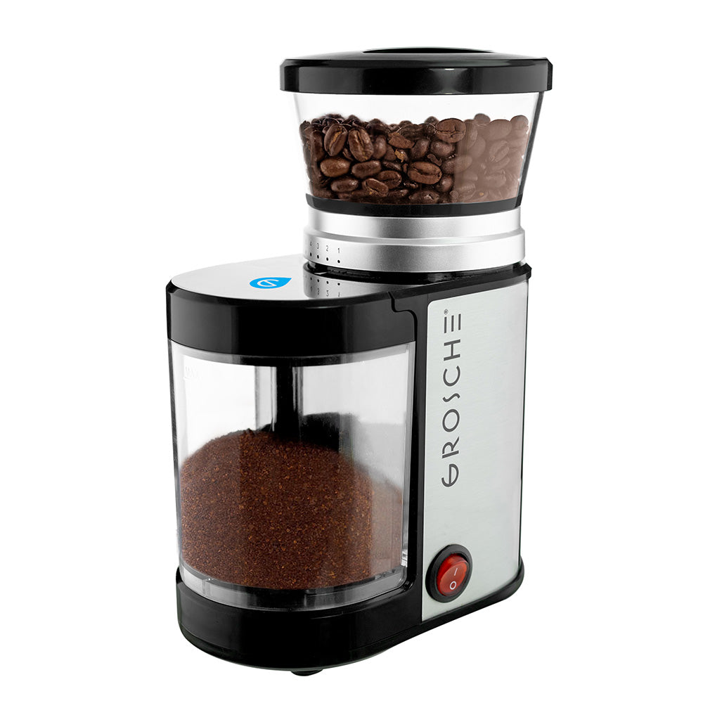 Electric conical burr coffee grinder with a black body, transparent container, and red control knob, branded with 'GROSCHE'.