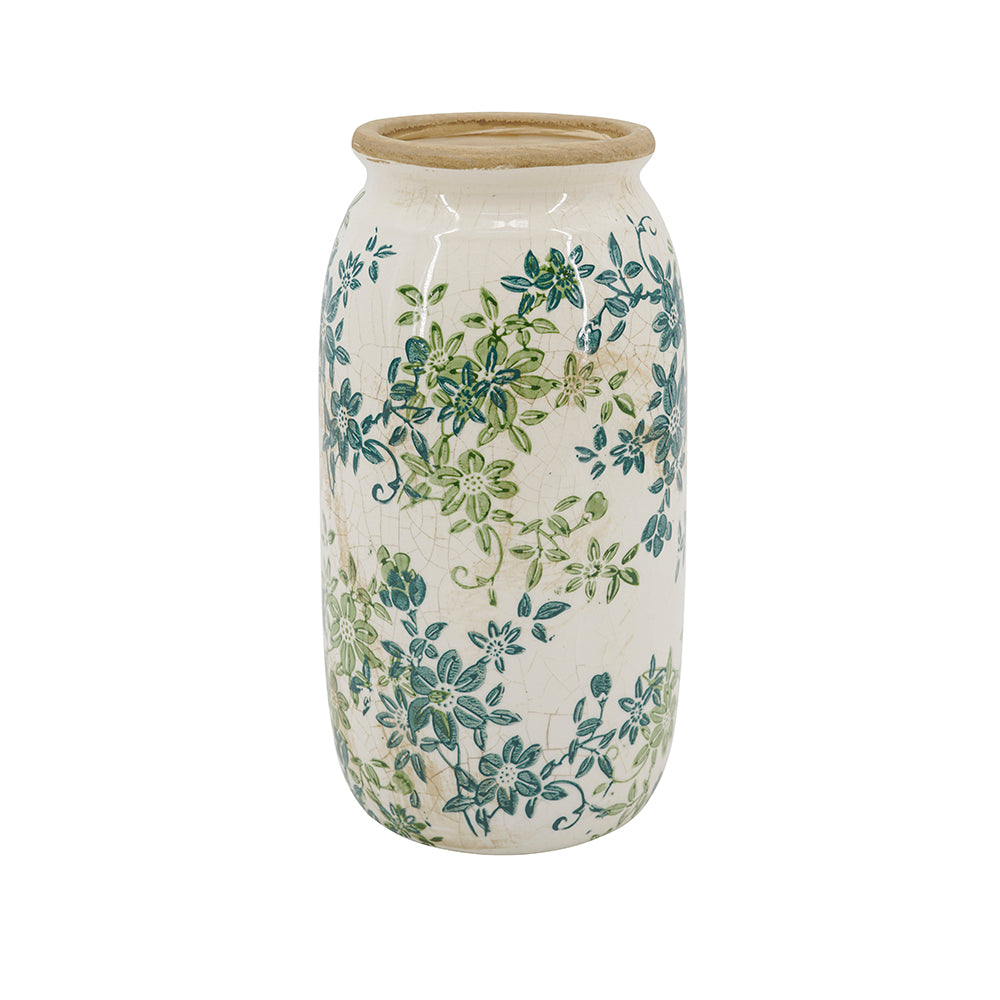 A ceramic jar with a cream-colored body, decorated with a green and teal floral vine pattern, and finished with a natural beige clay rim on a white background.