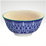 Ceramic bowl with blue and white pattern on a white background