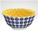 Ceramic bowl with blue and yellow polka dot pattern on a white background