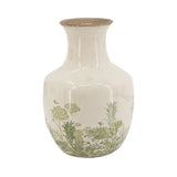 A small ceramic vase with a rounded body, narrow neck, and flared rim, featuring a cream-colored glaze with a green botanical pattern near the base, shown on a plain white background.