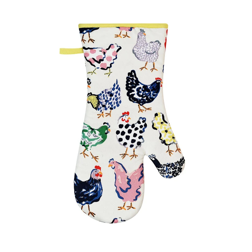 Oven mitt with colorful chicken pattern on a white background