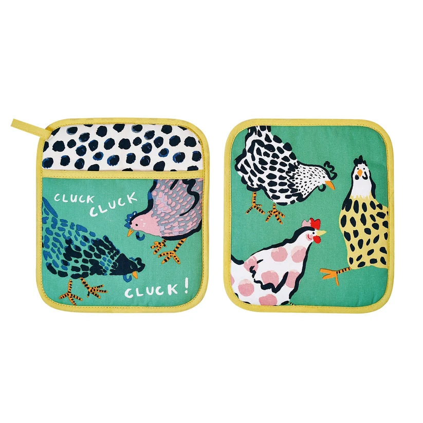 Two pot holders with chicken designs on a white background