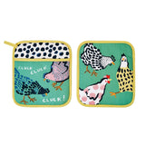 Two pot holders with chicken designs on a white background