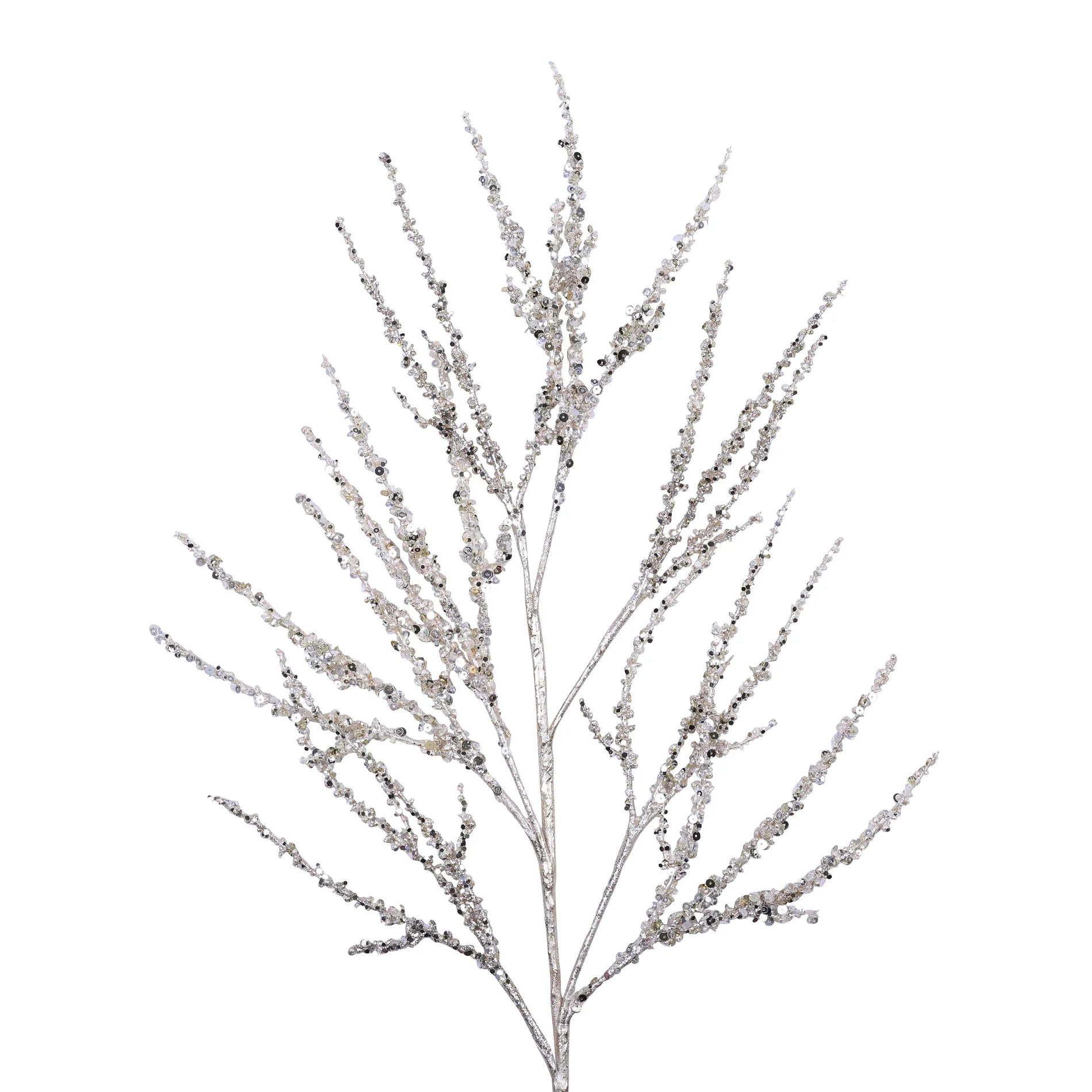 Decorative branch with silver glitter on a white background