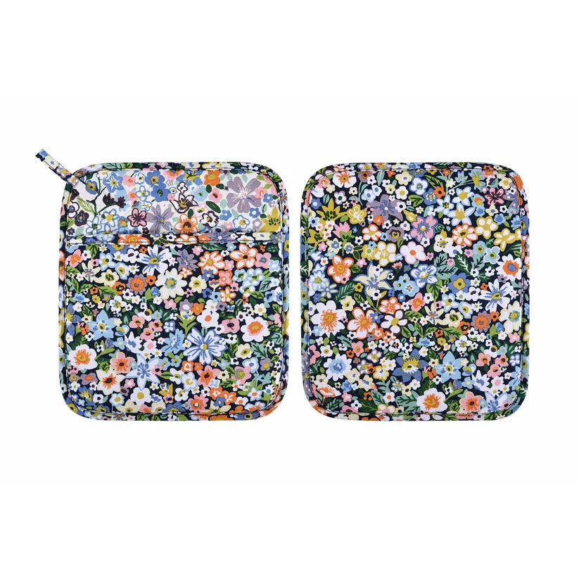 Two square zippered pouches with rounded corners, featuring a dense multicolor floral print on a dark background, displayed side-by-side against a plain white background.